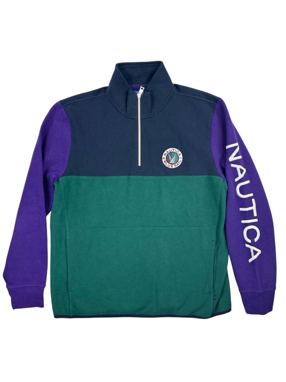 Nautica Sz L Blue Sail Colorblock Quarter Zip Fleece Lined Pullover Preppy